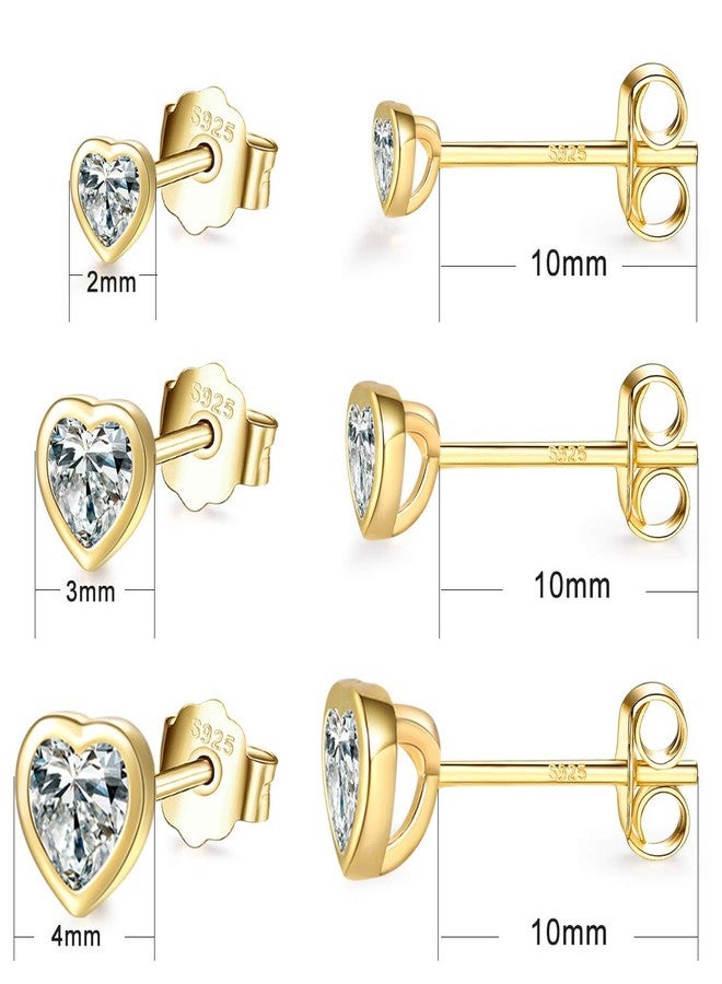 EPIRORA Sterling Silver Stud Earrings for Women Men- 3 Pairs of Tiny Heart Shaped Cubic Zirconia Earrings 14k Gold Plated Small CZ Cartilage Tragus Earrings(2mm/3mm/4mm) - Image 3